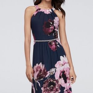 SLNY SL Fashions chiffon floral halter maxi dress w/ beaded belt pink navy sz 6